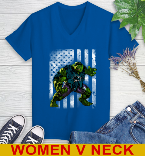 San Jose Sharks Hulk Marvel Avengers NHL Hockey American Flag Women's V-Neck T-Shirt 9