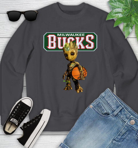 Milwaukee Bucks NBA Basketball Groot Marvel Guardians Of The Galaxy Youth Sweatshirt 6