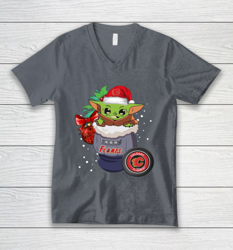 Calgary Flames Christmas Baby Yoda Star Wars Funny Happy NHL V-Neck T-Shirt 5