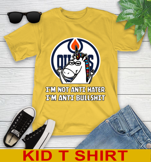 Edmonton Oilers NHL Hockey Unicorn I'm Not Anti Hater I'm Anti Bullshit Youth T-Shirt 8