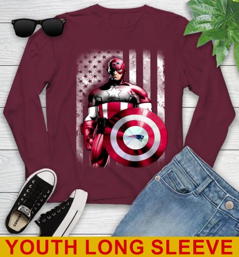 New England Patriots NFL Football Captain America Marvel Avengers American Flag Shirt Youth Long Sleeve 6