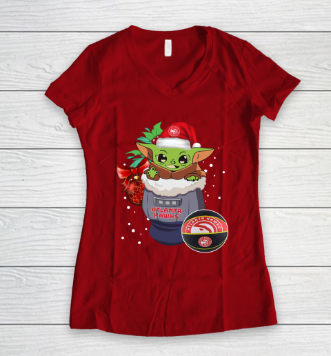 Atlanta Hawks Christmas Baby Yoda Star Wars Funny Happy NBA Women's V-Neck T-Shirt 10