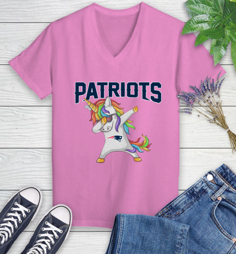 New England Patriots NFL Football Funny Unicorn Dabbing Sports Women's V-Neck T-Shirt 14