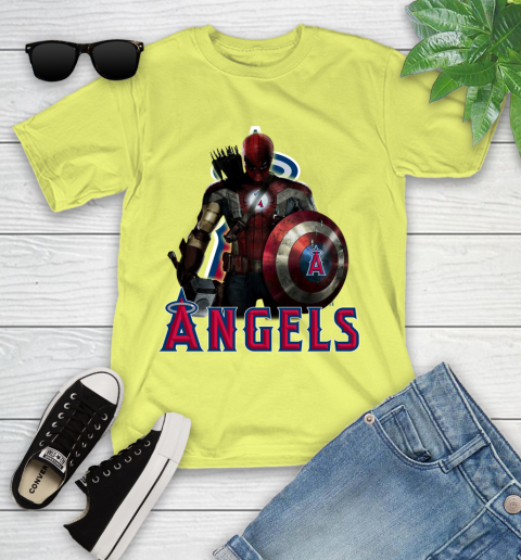 MLB Captain America Thor Spider Man Hawkeye Avengers Endgame Baseball Los Angeles Angels Youth T-Shirt 8