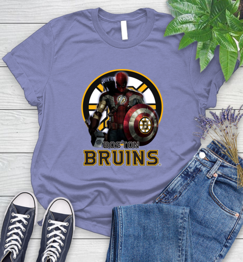 NHL Captain America Thor Spider Man Hawkeye Avengers Endgame Hockey Boston Bruins Women's T-Shirt 11