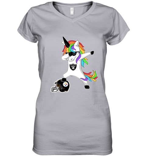Football Dabbing Unicorn Steps On Helmet Oakland Raiders Women's V-Neck T-Shirt