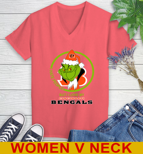Cincinnati Bengals NFL Christmas Grinch I Hate People But I Love My Favorite Football Team Women's V-Neck T-Shirt 7
