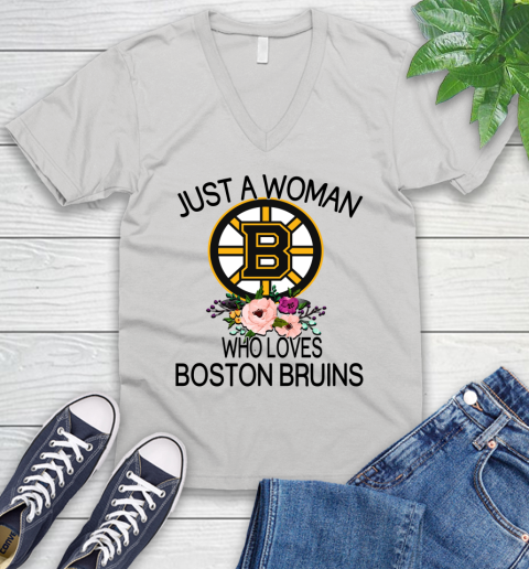 NHL Just A Woman Who Loves Boston Bruins Hockey Sports V-Neck T-Shirt