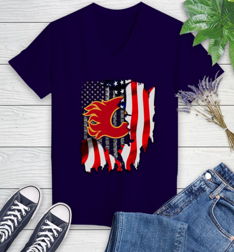 Calgary Flames NHL Hockey American Flag Women's V-Neck T-Shirt 3