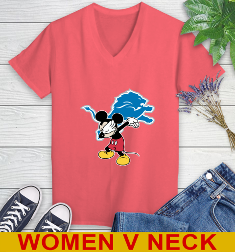 Detroit Lions NFL Football Dabbing Mickey Disney Sports Women's V-Neck T-Shirt 7