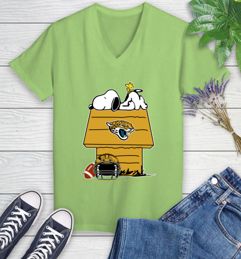 Jacksonville Jaguars NFL Football Snoopy Woodstock The Peanuts Movie Women's V-Neck T-Shirt 11
