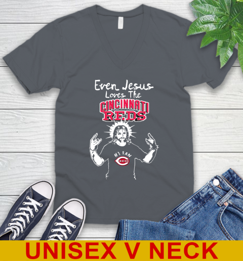 Cincinnati Reds MLB Baseball Even Jesus Loves The Reds Shirt V-Neck T-Shirt 4