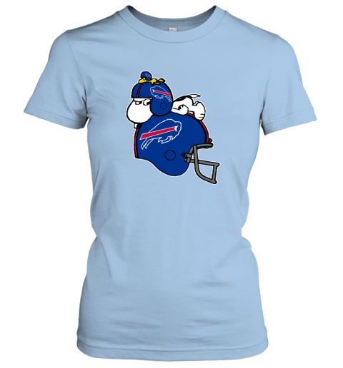 pyrm snoopy and woodstock resting on buffalo bills helmet ladies t shirt 20 front light blue