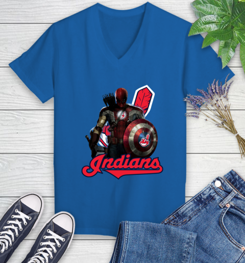 MLB Captain America Thor Spider Man Hawkeye Avengers Endgame Baseball Cleveland Indians Women's V-Neck T-Shirt 10
