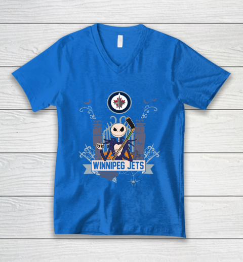 NHL Winnipeg Jets Hockey Jack Skellington Halloween V-Neck T-Shirt 5