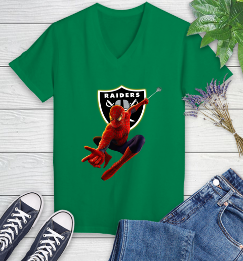 NFL Spider Man Avengers Endgame Football Oakland Raiders Women's V-Neck T-Shirt 5