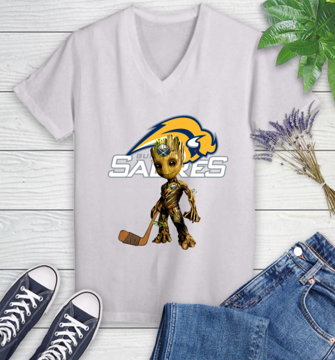 Buffalo Sabres NHL Hockey Groot Marvel Guardians Of The Galaxy Women's V-Neck T-Shirt