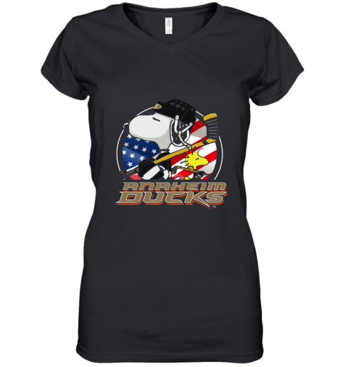 Anaheim Ducks Ice Hockey Snoopy And Woodstock NHL Women's V-Neck T-Shirt