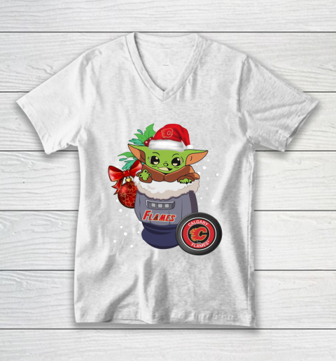 Calgary Flames Christmas Baby Yoda Star Wars Funny Happy NHL V-Neck T-Shirt 2