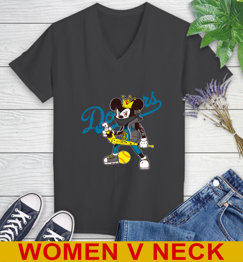 Los Angeles Dodgers MLB Baseball Mickey Peace Sign Sports Women's V-Neck T-Shirt 9