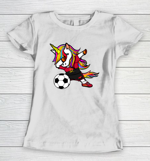Funny Dabbing Unicorn Angola Football Angolan Flag Soccer Women's T-Shirt