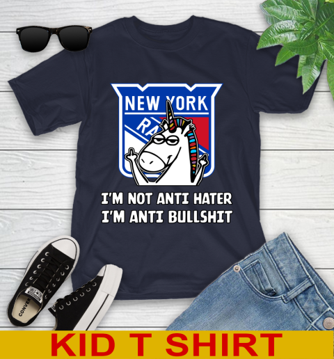 New York Rangers NHL Hockey Unicorn I'm Not Anti Hater I'm Anti Bullshit Youth T-Shirt 3