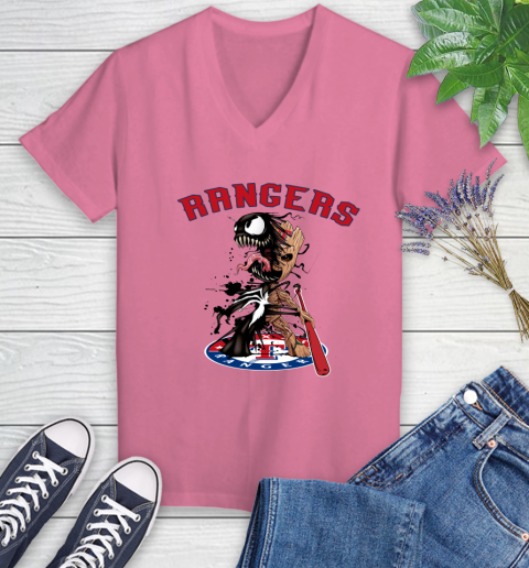 MLB Texas Rangers Baseball Venom Groot Guardians Of The Galaxy Women's V-Neck T-Shirt 13