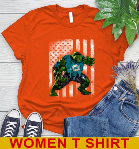 Miami Dolphins Hulk Marvel Avengers NFL Football American Flag Women's T-Shirt 3