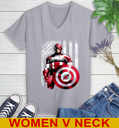 New Jersey Devils NHL Hockey Captain America Marvel Avengers American Flag Shirt Women's V-Neck T-Shirt - Image 5