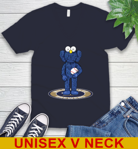 MLB Baseball Milwaukee Brewers Kaws Bff Blue Figure Shirt V-Neck T-Shirt 3