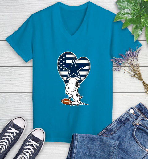 Dallas Cowboys NFL Football The Peanuts Movie Adorable Snoopy Women's V-Neck T-Shirt 7