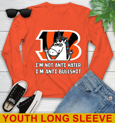 Cincinnati Bengals NFL Football Unicorn I'm Not Anti Hater I'm Anti Bullshit Youth Long Sleeve 4
