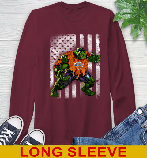 New York Knicks Hulk Marvel Avengers NBA Basketball American Flag Long Sleeve T-Shirt 7