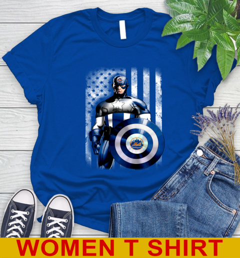 New York Mets MLB Baseball Captain America Marvel Avengers American Flag Shirt Women's T-Shirt 10