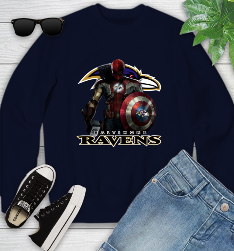 NFL Captain America Thor Spider Man Hawkeye Avengers Endgame Football Baltimore Ravens Youth Sweatshirt 3