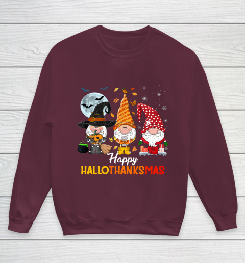 Gnomes Halloween And Merry Christmas Happy Hallothanksmas Youth Sweatshirt 4