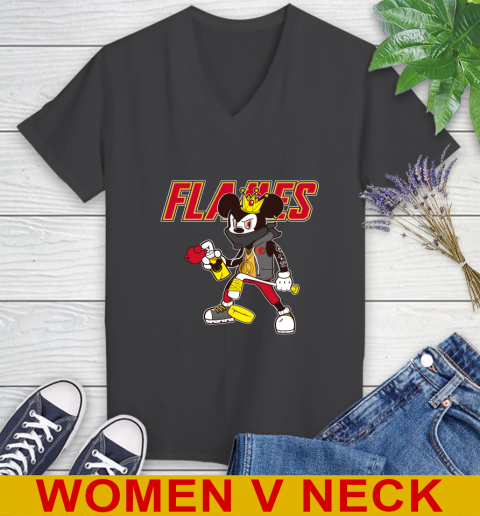 Calgary Flames NHL Hockey Mickey Peace Sign Sports Women's V-Neck T-Shirt 9