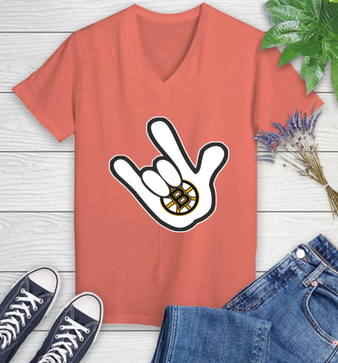 Boston Bruins NHL Hockey Mickey Rock Hand Disney Women's V-Neck T-Shirt 6