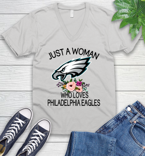 NFL Just A Woman Who Loves Philadelphia Eagles Football Sports V-Neck T-Shirt