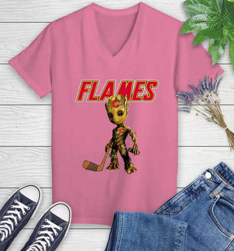 Calgary Flames NHL Hockey Groot Marvel Guardians Of The Galaxy Women's V-Neck T-Shirt 13
