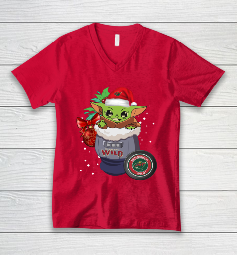Minnesota Wild Christmas Baby Yoda Star Wars Funny Happy NHL V-Neck T-Shirt 7