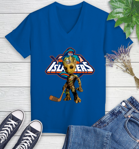 New York Islanders NHL Hockey Groot Marvel Guardians Of The Galaxy Women's V-Neck T-Shirt 10