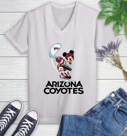 NHL Hockey Arizona Coyotes Cheerful Mickey Mouse Shirt Women's V-Neck T-Shirt 2
