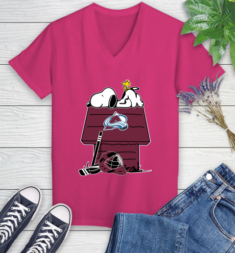 Colorado Avalanche NHL Hockey Snoopy Woodstock The Peanuts Movie Women's V-Neck T-Shirt 9