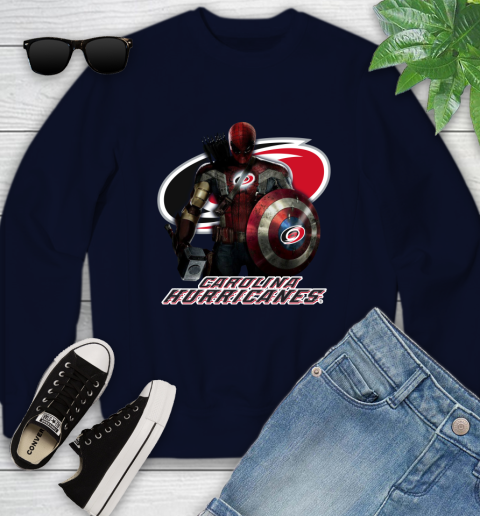 NHL Captain America Thor Spider Man Hawkeye Avengers Endgame Hockey Carolina Hurricanes Youth Sweatshirt 3