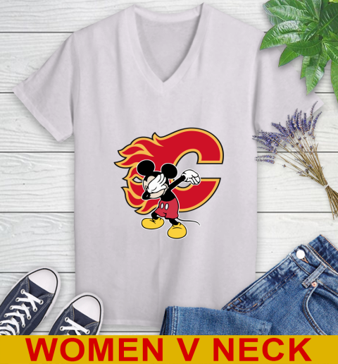 Calgary Flames NHL Hockey Dabbing Mickey Disney Sports Women's V-Neck T-Shirt