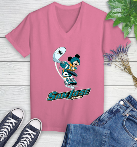 NHL Hockey San Jose Sharks Cheerful Mickey Mouse Shirt Women's V-Neck T-Shirt 11
