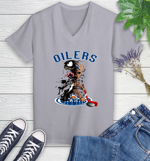NHL Edmonton Oilers Hockey Venom Groot Guardians Of The Galaxy Women's V-Neck T-Shirt 4