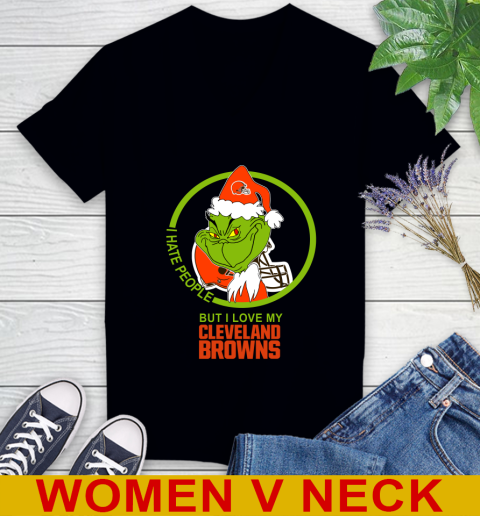 Cleveland Browns NFL Christmas Grinch I Hate People But I Love My Favorite Football Team Women's V-Neck T-Shirt 2