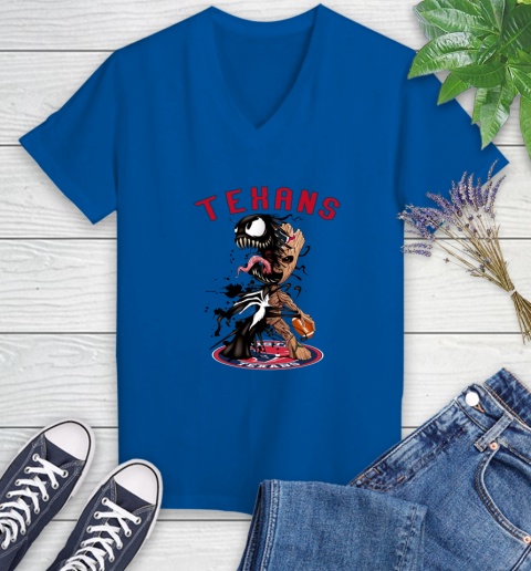 NFL Houston Texans Football Venom Groot Guardians Of The Galaxy Women's V-Neck T-Shirt 10